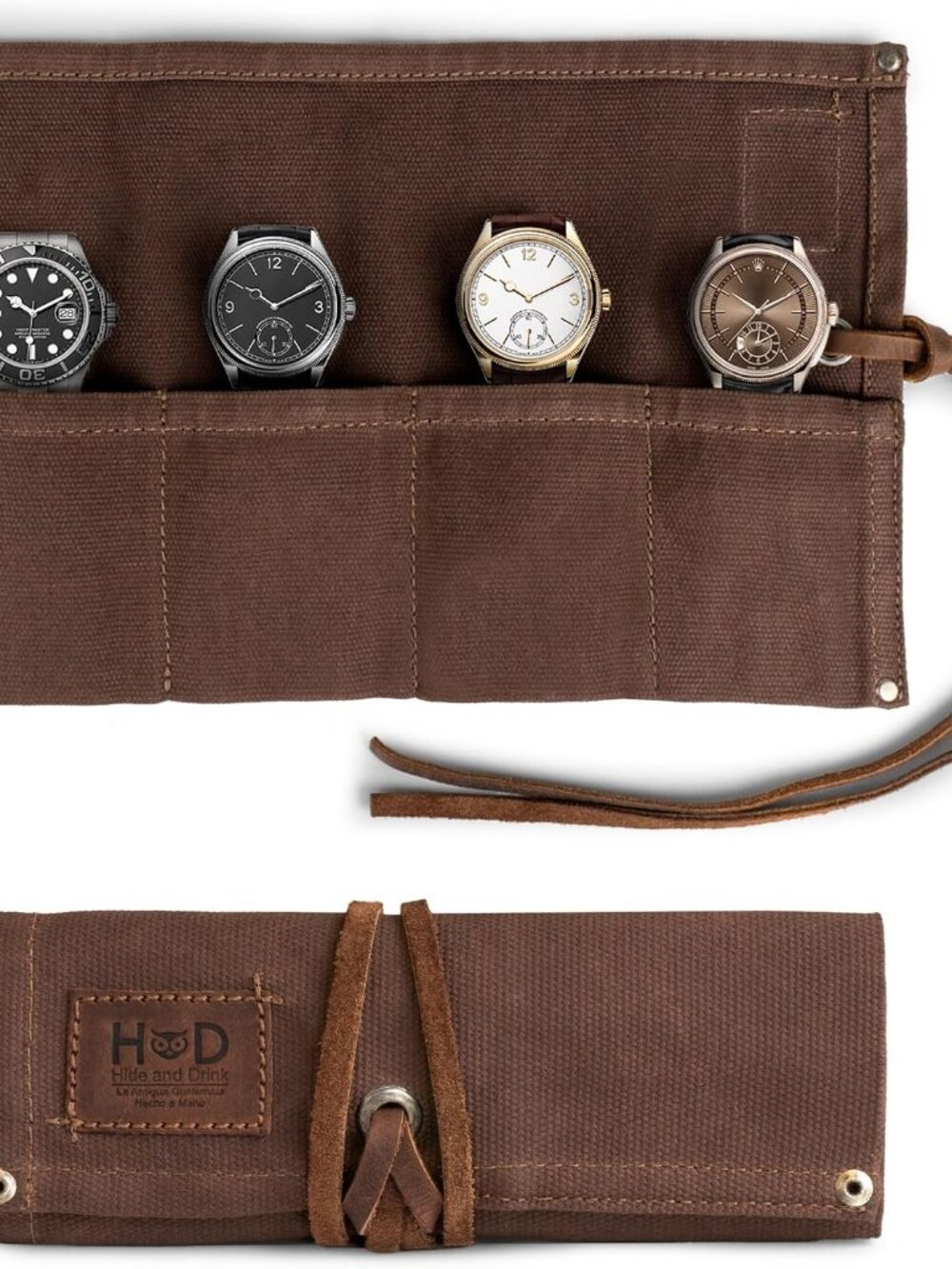 Waterproof Waxed Canvas Travel Watch Roll Organizer with 4 Slots, Easy Carry On
